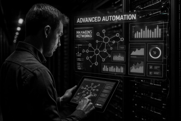 advanced automation tools, focused, managing networks, photorealistic, expansive server farm, highly detailed, digital interfaces overlaying reality, high dynamic range, black and white contrast, sharp spotlight, shot with a telescopic lens.