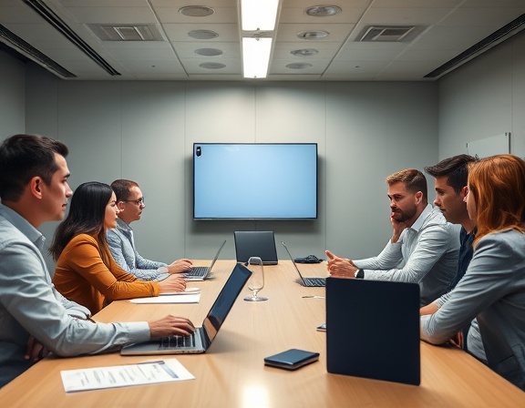 focused meeting results, engaged, discussing outcomes, photorealistic, corporate boardroom with documents and laptops on the table, highly detailed, interactive group dynamics, high resolution, neutral palette, overhead fluorescent lighting, shot with a 35mm lens