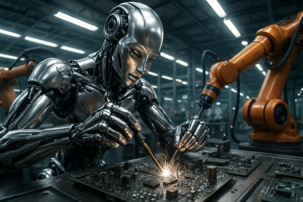 advanced AI robotics, curious, assembling electronic components, photorealistic, inside a modern factory with robotic arms, highly detailed, sparks flying with precise motions, glossy chrome finish, fluorescent lighting, shot with an ultra-wide angle lens.
