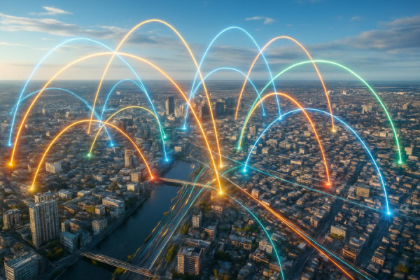 innovative network infrastructure, delight, deploying systems, photorealistic, sprawling urban landscape from above, highly detailed, dynamic connections visible, ultra-high resolution, vibrant multicolors, natural daylight, shot with a drone camera lens.