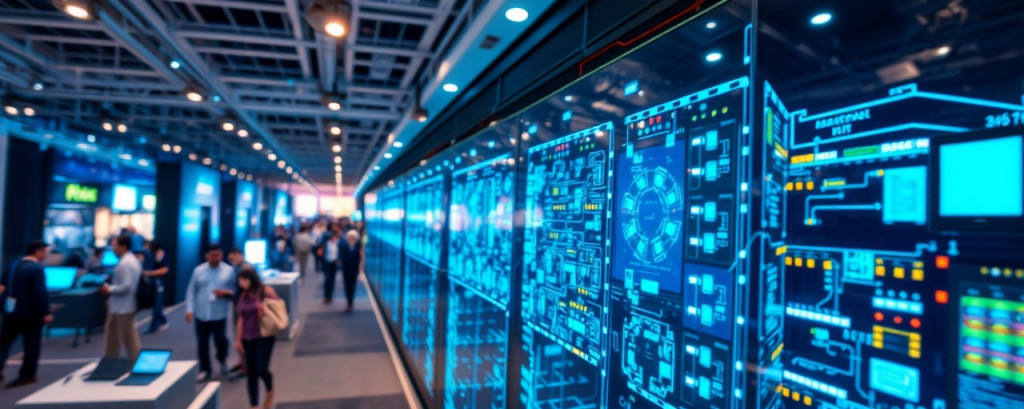 integrated network automation, determination, troubleshooting, photorealistic, bustling tech expo floor, highly detailed, holographic interfaces, crisp clarity, neon accents, spotlight illumination, shot with a prime lens.