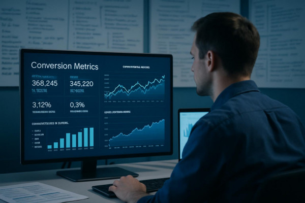 detailed conversion metrics, precise, reviewing performance charts, photorealistic, analytical workspace with whiteboards full of notes, highly detailed, real-time data updates, ultra HD, calming blue hues, backlit LED screens, shot with an 85mm lens