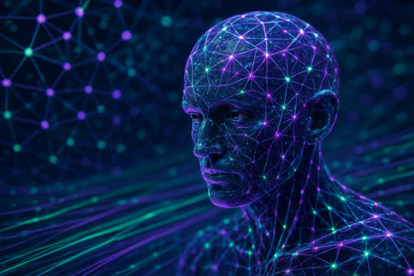cutting-edge AI neural network, contemplative, analyzing complex patterns, photorealistic, in a digital landscape with interconnected nodes, highly detailed, data streams flowing dynamically, cybernetic colors of purple and green, backlit with neon effects, shot with a macro lens.