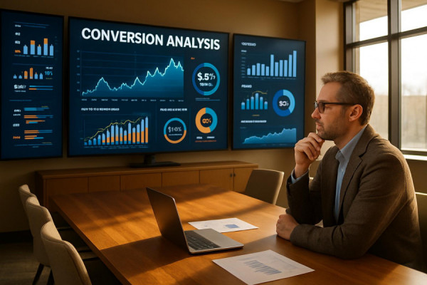 in-depth conversion analysis, contemplative, examining statistics, photorealistic, spacious conference room with high-tech displays, highly detailed, animated graphics, 4K resolution, warm neutral tones, natural sunlight filtering through windows, shot with a 24-70mm lens