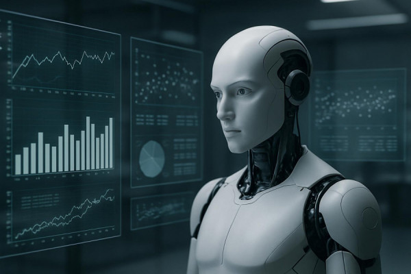 sophisticated AI analytics, inquisitive, processing large data sets, photorealistic, inside a sleek, minimalist tech lab with holographic displays, highly detailed, graphs and charts floating in 3D space, cold and neutral color palette, diffused lighting, shot with a telephoto lens.