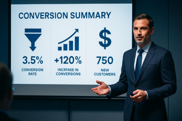 succinct conversion summary, confident, presenting findings, photorealistic, professional presentation setting with projector and slides, highly detailed, crisp visual aids, high resolution, corporate blues, spotlight illumination, shot with a 70-200mm lens