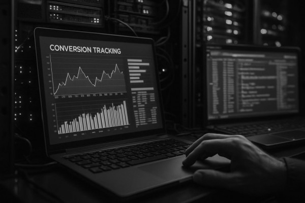advanced conversion tracking, meticulous, updating databases, photorealistic, tech-driven environment with servers and charts, highly detailed, dynamic server activity, high resolution, cool grayscale, ambient machine glow, shot with a macro lens