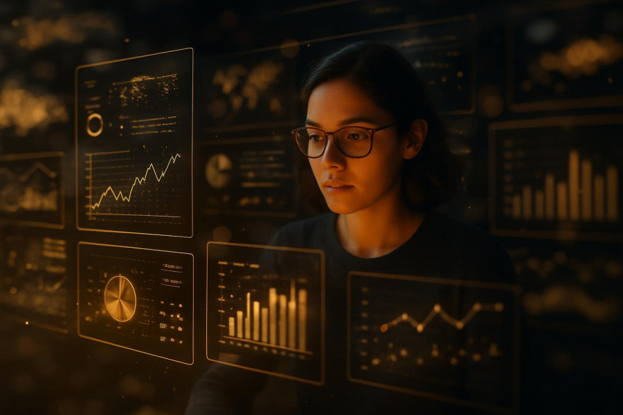 versatile AI analytics, insightful, visualizing trends dynamically, photorealistic, amidst an immersive AR interface surrounded by virtual data clouds, highly detailed, transparent panels shifting patterns, warm gold and deep black tones, soft spotlight lighting, shot with a tilt-shift lens.