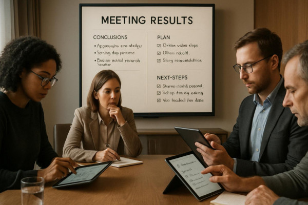 comprehensive meeting results, reflective, documenting conclusions, photorealistic, meeting room with digital note-taking devices, highly detailed, interactive feedback, 4K resolution, earthy tones, soft indoor lighting, shot with a wide angle lens