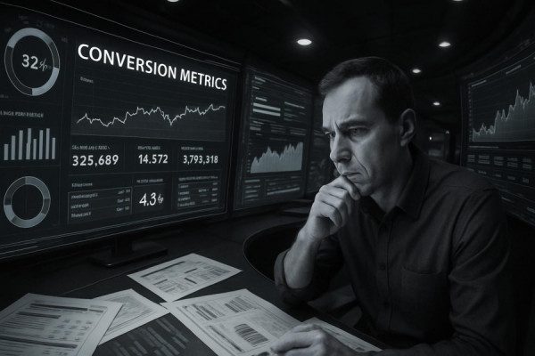 analytical conversion metrics, focused, scrutinizing reports, photorealistic, futuristic control room with holographic displays, highly detailed, fluid data transitions, ultra HD, monochrome with subtle accents, dim overhead lighting, shot with a fish-eye lens