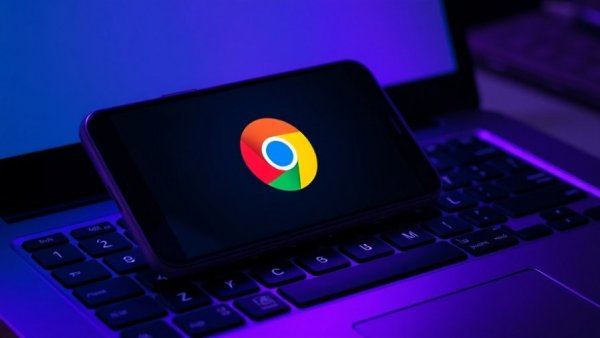 Smartphone with Google Chrome logo on laptop keyboard.