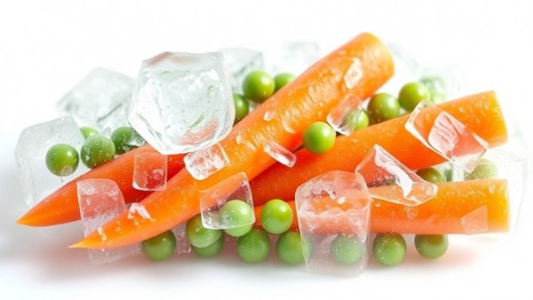 Frozen carrots and peas encased in clear ice blocks.