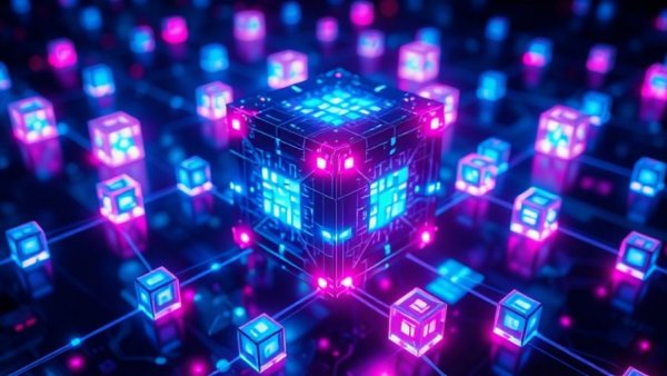 AI network visualization shows high-tech cube structure, illustrating AI in public sector.