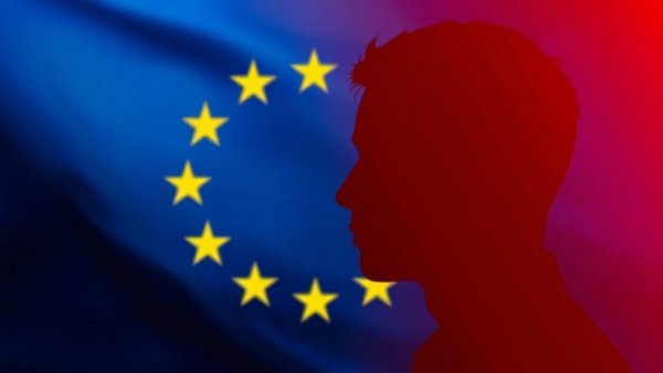 EU Age Verification App Security concept with pixelated face and EU stars.