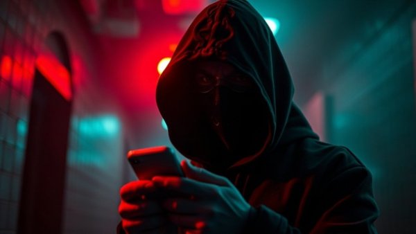 AI chatbots and violence prevention depicted by a hooded figure with a smartphone.