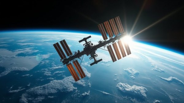 International Space Station with solar panels orbiting Earth, showcasing space technology.