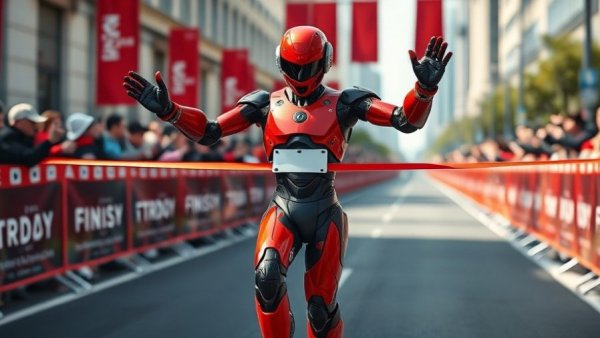 Humanoid robot breaking half-marathon record, urban race setting.