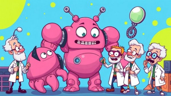 Whimsical cartoon depicting scientists building a pink humanoid in AI context.