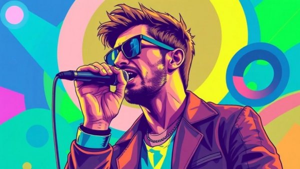 Stylized singer in futuristic digital art with concert elements.