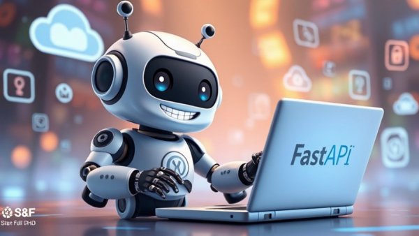 Cartoon robot deploying Scikit-learn model with FastAPI, digital theme.