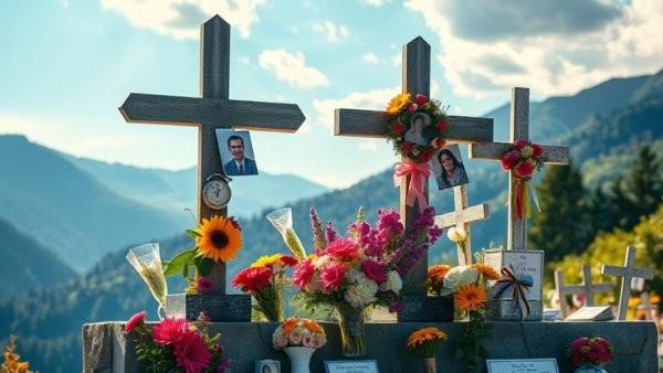 Memorial crosses with photos and floral tributes in nature, capturing technology's impact on nature.