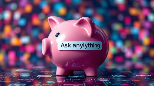 Colorful piggy bank with search bar for financial advice illustration.