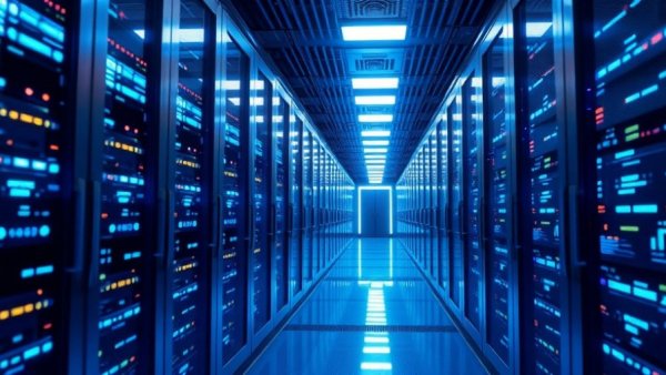 Futuristic data center with glowing servers representing AI power consumption estimation.