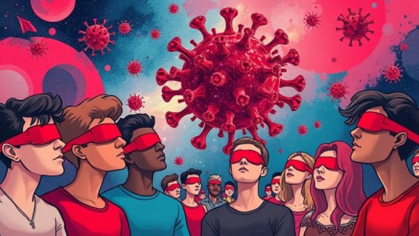 Abstract illustration symbolizing OpenAI's profit problem, people blindfolded, virus looming.