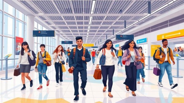 Illustrated travelers in airport terminal navigating space.