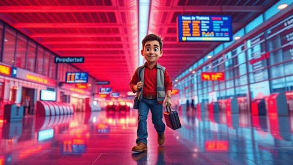 Cartoon airport scene illustrating modern travel with digital overlays