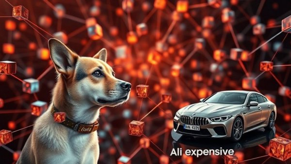 Abstract AI vision model bias demonstration with dogs and luxury items.