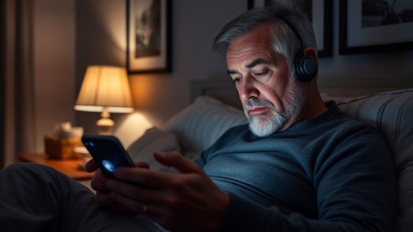 Mature man using AI sleep health monitoring device in cozy bedroom.
