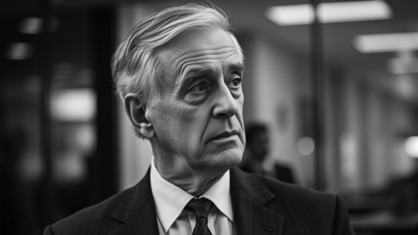 Monochrome portrait of a man in a suit during Musk vs OpenAI trial.