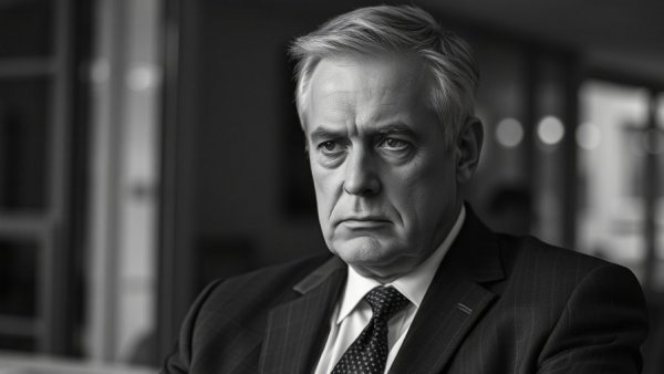 Serious man in black and white portrait, contemplative expression.