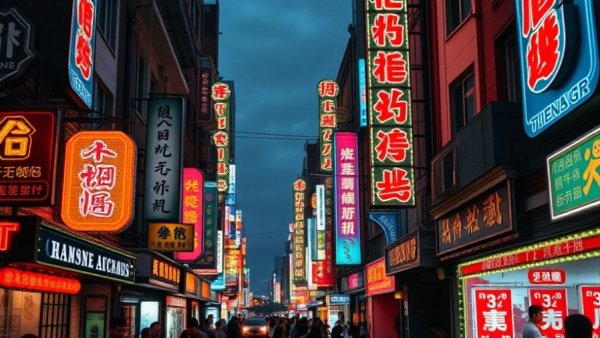 Chinese city street with colorful neon signs at night.
