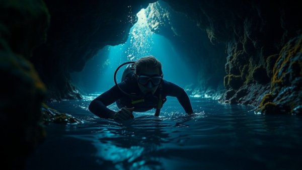Scuba diver in underwater cave with headlamp, exploring.