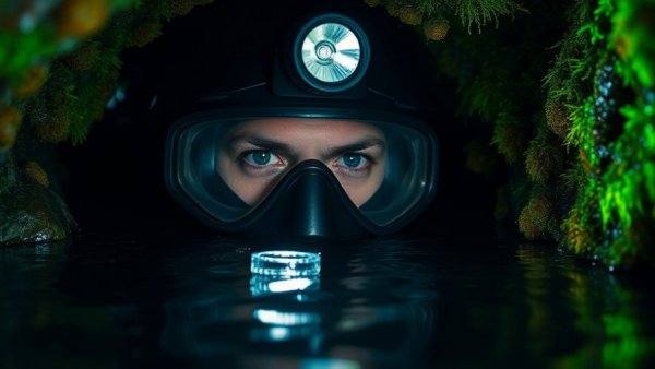 Deep-sea diver exploring underwater cave in lifelike scene