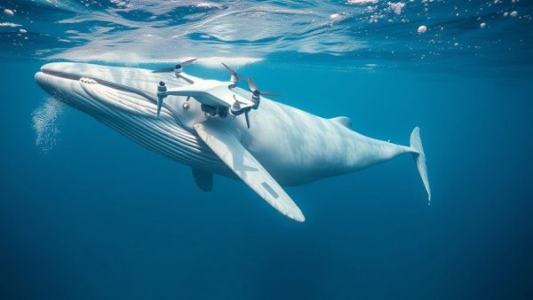 Deep-sea whale with an attached drone in clear ocean.