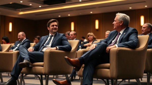 Professional men discussing technology recruitment at a conference.
