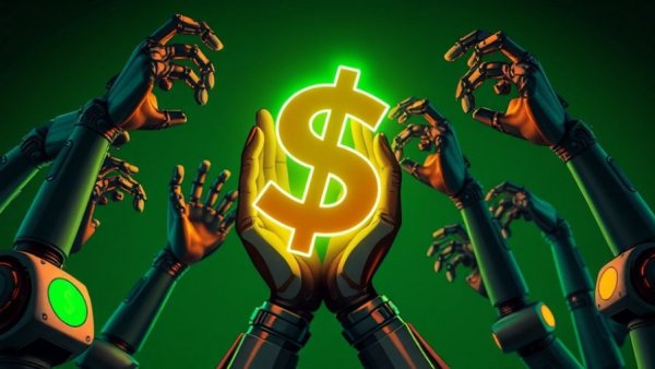 Robotic arms grasp a glowing dollar sign, automation controlling wages.