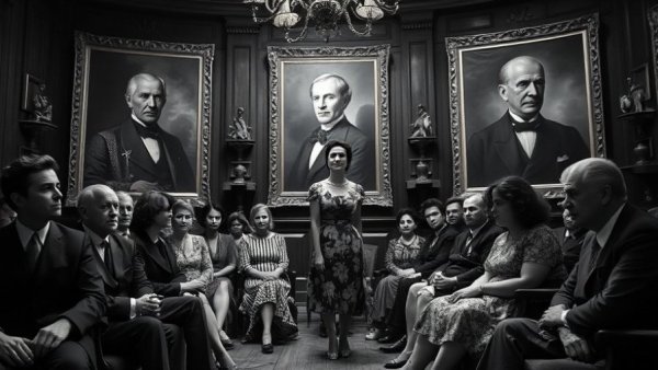 Intense historical scene with portraits and seated people in a room.