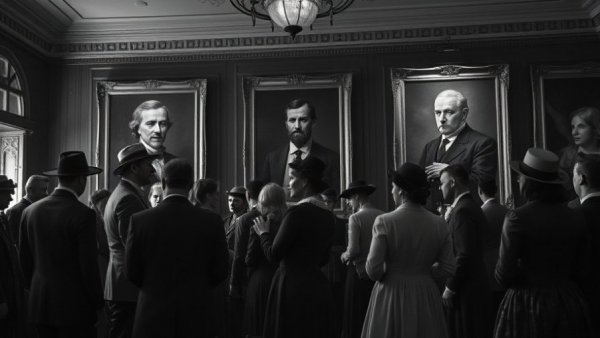 Historical indoctrination scene with vintage portraits.