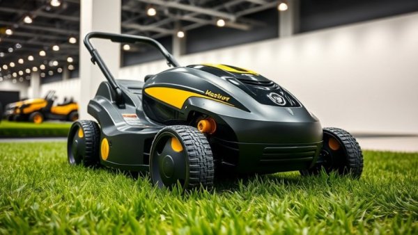 Sleek hackable robot lawn mower displayed at exhibition.