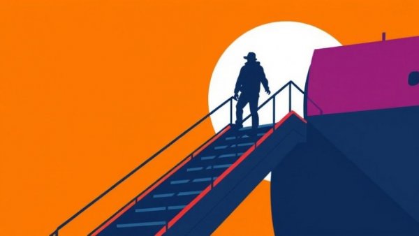 Stylized graphic of silhouette descending airplane stairs.