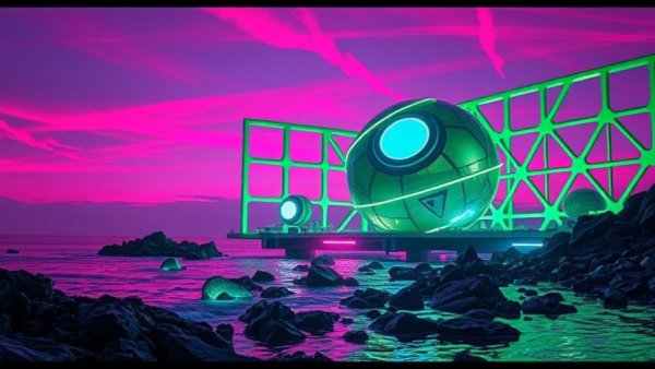 Futuristic glow structure in surreal neon landscape; highlights CUDA Nvidia software advantage.