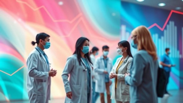 Colorful abstract healthcare scene with masked figures focusing on global health.