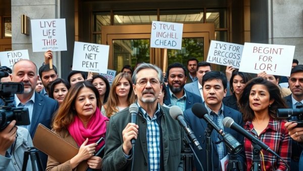 Protesters and reporters gathered outside for a press conference.