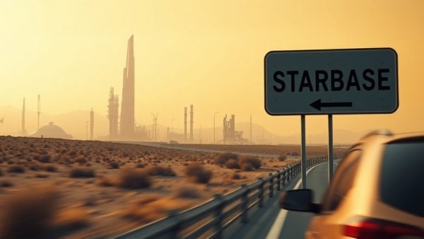 SpaceX Starbase sign on road with futuristic backdrop.
