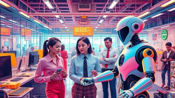 AI creates jobs for young workers in a vibrant, futuristic workplace.