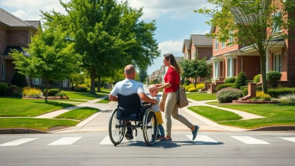 Suburban street with family crossing, AI in sports context.
